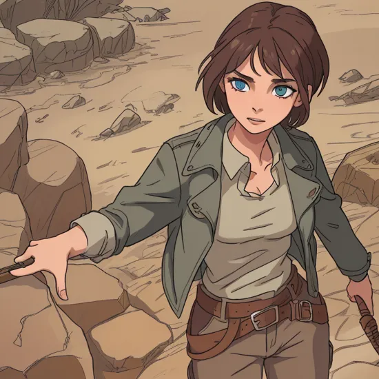 Female archeologist, mid shot, standing on rocks,indiana jones outfit, worn leather jacket, worn pants, whip, in an epic complex surreal wasteland, detailed eyes, realistic eyes, detailed skin, realistic skin, natural skin, skin pores, natalee, <lyco:NataLee:0.85>