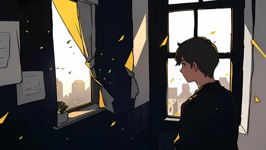 @Raymond Teenage boy, straight dark blonde hair, 17 years old, looking out of window, dispersion and disintegration from behind, silhouette. Golden light through window, peaceful. Hints of red and yellow, dark, black and white.