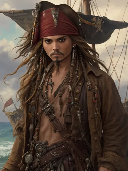 1boy,jack sparrow,pirate coat,masterpiece,realistic,, pirates_of_the_caribbean background, bandana