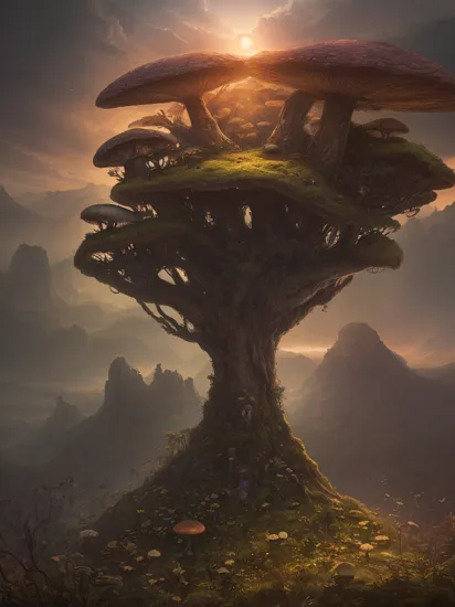 masterpiece, best quality, a planet of various fungus, mushrooms and plants, inside the picture is infinity, sunset light, Atmospheric phenomenon, artistic photography, muted colors, conceptual, long exposure outside the city, volumetric light, 4k , HD
 in Brooding landscapes, epic scale, German myth, layered symbolic density