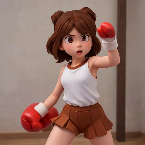 1girl, solo focus, dark brown eyes, a young girl in a singlet with boxing gloves punching, fighting stance, combat, light brown hair, hermione granger, 
