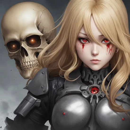 anime artwork of  
a blonde woman with a bloody terminator skull face and a dreadful look anime manga girl style, anime style, key visual, vibrant, studio anime,  highly detailed