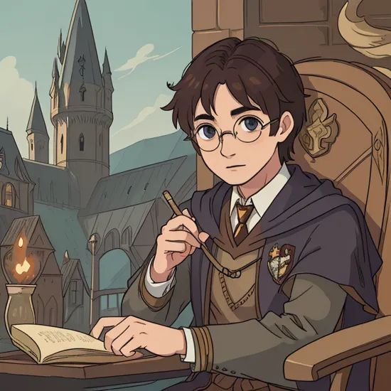harry potter a man, face focus, detailed eyes, sitting at hogwarts with hogwarts in the background, photo, masterpiece, best quality, highly detailed, 
