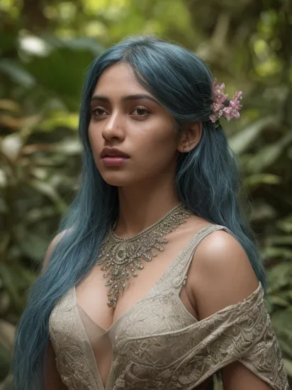 fashion photography portrait of indian girl with blue hair, in lush jungle with flowers, 3d render, cgi, symetrical, octane render, 35mm, bokeh, 9:16, (intricate details:1.12), hdr, (intricate details, hyperdetailed:1.15), (natural skin texture, hyperrealism, soft light, sharp:1.2), detailed, sunlight passing through foliage, <lora:KandyanDress_V1:0.8>, blue saree, 8k details, masterpiece, best quality, award winning photo, photorealistic, highly detailed, raw photo, realistic natural skin textures, rim light, hyperrealistic, low contrast, sharp focus, soothing tones, 8k details, intricate, low key, masterpiece, best quality, award winning photo, photorealistic, highly detailed, raw photo, realistic natural skin textures, rim light, hyperrealistic, low contrast, sharp focus, soothing tones, 8k details, intricate, low key