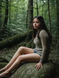 A woman sitting on a rock next to a dragon in the woods with her head turned to the side, Clint Cearley, epic fantasy character art, a character portrait, fantasy art, RAW candid cinema, 16mm, color graded portra 400 film, remarkable color, ultra realistic, textured skin, remarkable detailed pupils, realistic dull skin noise, visible skin detail, skin fuzz, dry skin, shot with cinematic camera, RAW candid cinema, 16mm, color graded portra 400 film, remarkable color, ultra realistic, textured skin, remarkable detailed pupils, realistic dull skin noise, visible skin detail, skin fuzz, dry skin, shot with cinematic camera