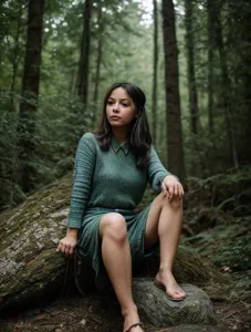 A woman sitting on a rock next to a dragon in the woods with her head turned to the side, Clint Cearley, epic fantasy character art, a character portrait, fantasy art, RAW candid cinema, 16mm, color graded portra 400 film, remarkable color, ultra realistic, textured skin, remarkable detailed pupils, realistic dull skin noise, visible skin detail, skin fuzz, dry skin, shot with cinematic camera, RAW candid cinema, 16mm, color graded portra 400 film, remarkable color, ultra realistic, textured skin, remarkable detailed pupils, realistic dull skin noise, visible skin detail, skin fuzz, dry skin, shot with cinematic camera