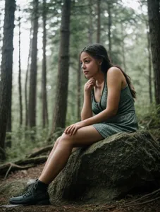 A woman sitting on a rock next to a dragon in the woods with her head turned to the side, Clint Cearley, epic fantasy character art, a character portrait, fantasy art, RAW candid cinema, 16mm, color graded portra 400 film, remarkable color, ultra realistic, textured skin, remarkable detailed pupils, realistic dull skin noise, visible skin detail, skin fuzz, dry skin, shot with cinematic camera, RAW candid cinema, 16mm, color graded portra 400 film, remarkable color, ultra realistic, textured skin, remarkable detailed pupils, realistic dull skin noise, visible skin detail, skin fuzz, dry skin, shot with cinematic camera