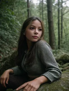 A woman sitting on a rock next to a dragon in the woods with her head turned to the side, Clint Cearley, epic fantasy character art, a character portrait, fantasy art, RAW candid cinema, 16mm, color graded portra 400 film, remarkable color, ultra realistic, textured skin, remarkable detailed pupils, realistic dull skin noise, visible skin detail, skin fuzz, dry skin, shot with cinematic camera, RAW candid cinema, 16mm, color graded portra 400 film, remarkable color, ultra realistic, textured skin, remarkable detailed pupils, realistic dull skin noise, visible skin detail, skin fuzz, dry skin, shot with cinematic camera