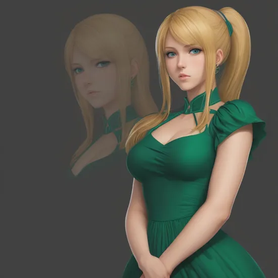 1girl, (samus aran), hades-8500, cartoon, blonde hair, blue eyes, ((((green dress)))), portrait, closed mouth, looking at viewer, ancient greece, gothic, ponytail, (realistic), solo, soft lighting, shading, comic, (dark outlines:1.2), mature female,