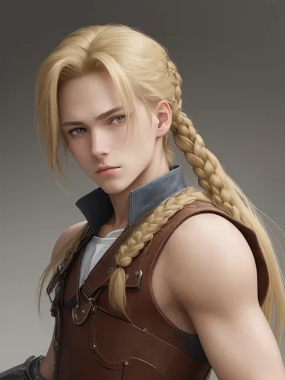 masterpiece, best quality, , 1boy, solo, male focus, looking at viewer, , , , realistic, <lora:edward_elric:0.72>, edward_elric, blonde hair, yellow eyes, single mechanical arm, single braid, braided ponytail, long hair