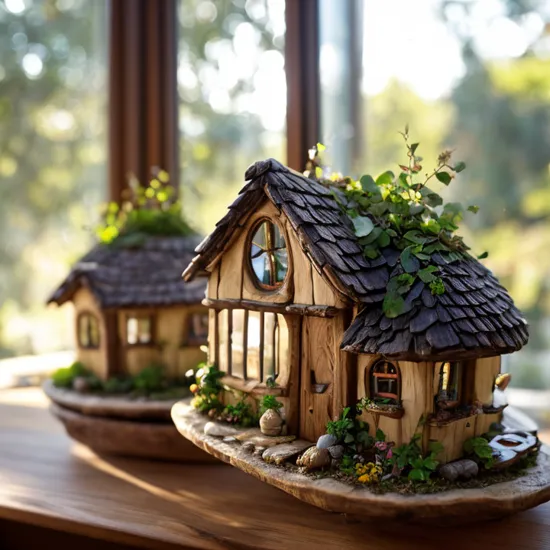award winning macro photography, [grapes:fairy houses:0.2] on a table in the kitchen, sunlight though window, lighting creates a magical atmosphere, chroma, 8k resolution, trending on artstation, style of midjourney,    