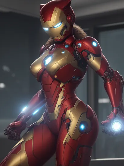 detailed background, high-tech workshop with sleek metallic surfaces and holographic displays, (futuristic city skyline)visible through the windows, Iron Man's iconic red and gold suit standing tall in the center of the room, but with a furry twist. Meet Iron Feline, a female humanoid cat version of Iron Man. Her suit is adorned with sleek and shiny metallic fur patterns that flow seamlessly into her feline features. Her helmet reveals two sharp feline ears atop her head as she gazes at you with intelligent green eyes(glowing arc reactor). The suit hugs her slender frame perfectly, emphasizing her lithe build while retaining all the intricacies of Tony Stark's original design. With elegant movements and an air of confidence, this furry embodiment of power stands ready to protect justice in this alternate Marvel universe.
BREAK, cgi, photorealistic, high detail, realistic, masterpiece, absurdres, best quality, HDR, high quality, high-definition, extremely detailed, 8k wallpaper, intricate details, 8K uhd, Full-HD, (realistic photo:1.4), contrast, global illumination, ambient occlusion, depth of field, Field of View, lens flare, bloom, stunning environment