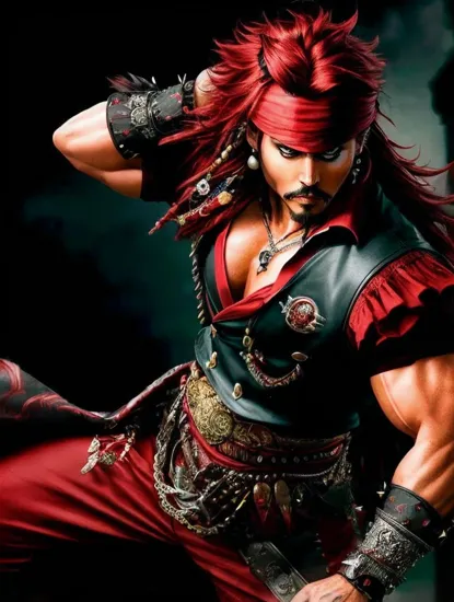 Johnny Depp, Fierce warrior @JohnnyDepp, spiked red hair, intense eyes, muscular build, dark pants, ((flowing sash)), red and black motif, chain necklace, battle stance, dynamic energy, ((aggressive aura)), dark background with red accents, high contrast, stylized illustration, anime style, dramatic lighting, ((sharp features)), powerful presence, vibrant colors, detailed muscle definition, action ready posture.