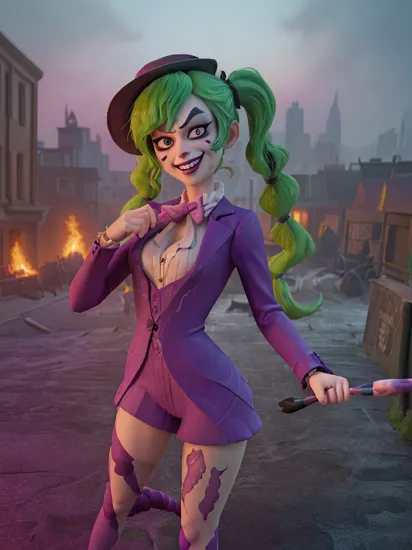 A stunning digital painting of (taylor swift:1.0),solo, (middle shot:1.4), realistic, masterpiece, best quality, high detailed, (As Female Joker, paint a masterpiece in vibrant 8K quality. Clad in her iconic purple suit with a matching wide-brimmed hat, she's seen in the chaotic streets of Gotham, a menacing grin spread across her face. Her green hair whips around her face as the city burns behind her, capturing her love for chaos in this visually stunning piece.:1.3),(in the style of Mike Mignola:1.1),epic fantasy character art, concept art, fantasy art,  fantasy art, vibrant high contrast,trending on ArtStation, dramatic lighting, ambient occlusion, volumetric lighting, emotional, Deviant-art, hyper detailed illustration, 8k, gorgeous lighting, ,vamptech ,(full height portrait:1.8),(Braided pigtails with black ribbons: Long, thick pigtails braided neatly and tied at the end with black ribbons, framing the face and emphasizing innocence.:1.2),photoshoot