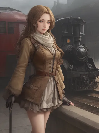 tcg artwork,[trading card game art], realism, perfect rendered face,((best quality)), ((masterpiece)), ((realistic)), (detailed),[hermione granger:minerva mcgonagall:0.5] rim light, vivid, 1girl, in a victorian dress , (((shiny eyes, shiny skin))),detailed face, travelbags, scarf, toned legs, large breasts, elbowlength gloves, train station in background, fog, steam , (detailed) ,((best quality)), ((masterpiece)), ((realistic)), (detailed),pixiv contest winner, absurdres, 15 mm, 15mm, ,