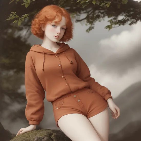 A 1915 Astrophotography photo of Hourglass body Fiery red hair A petite ingénue with doe eyes, button nose, and bow lips, wearing Jade Bermuda shorts and Copper Hoodie, Cloud forest with mist-shrouded canopy