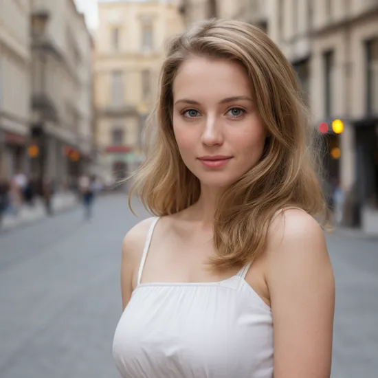 Portrait photography:2.3 of white european ethnicity woman on city street, young, beautiful, high key (waist portrait:.5)