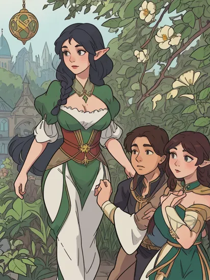 a stunning vector portrait of a thicc and voluptuous princess jasmine and snow white dressed as a beautiful poison ivy and elf queen with hair tied in a braid walking through a flowering garden, greenhouse in the background, intricate, elegant, highly detailed, digital painting, artstation, concept art, ultra sharp focus, illustration, art by jugendstil and greg rutkowski and alphonse mucha