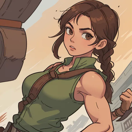 1girl, solo, (lara croft), fumio-8000, brown eyes, looking at viewer, ((portrait)), mature female, street fighter, ((brown hair)), tight, arms behind back, perfect face, ((muscular female)), (thick arms), braid