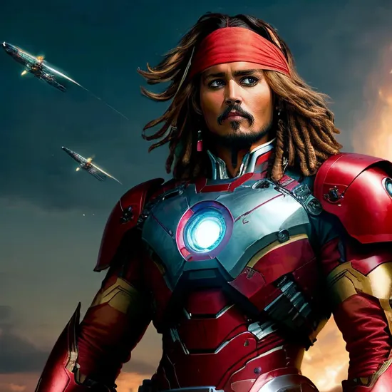 Johnny Depp, Iron Man @JohnnyDepp, encased in his red and gold high-tech armor, represents the pinnacle of human ingenuity and determination. Flying through the skies with ease, his suit is equipped with an array of weapons and tools, the faceplate revealing nothing of the man inside, yet his posture speaks of confidence and charisma.