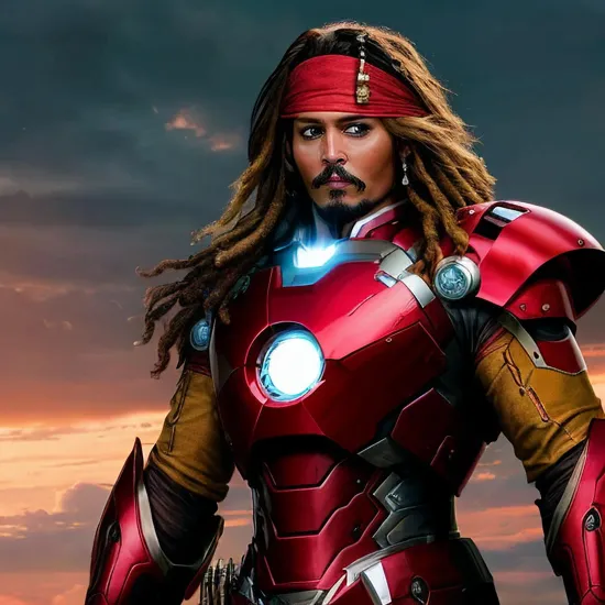 Johnny Depp, Iron Man @JohnnyDepp, encased in his red and gold high-tech armor, represents the pinnacle of human ingenuity and determination. Flying through the skies with ease, his suit is equipped with an array of weapons and tools, the faceplate revealing nothing of the man inside, yet his posture speaks of confidence and charisma.