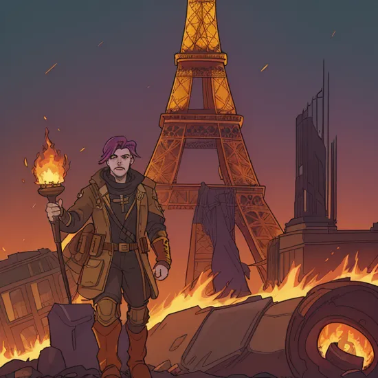 Thanos1024, a man, full body, postapocalyptic paris background, effeil tower, flames, explosions, detailed eyes, highly detailed , photography, ultra sharp, film, bokeh, professional, 4k    