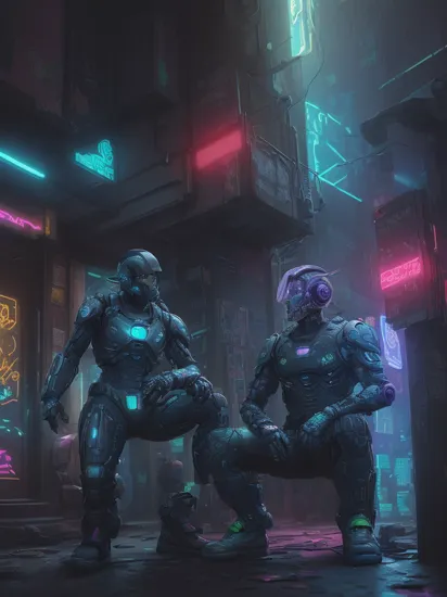 Two people, (glowing tattoos hologram Cortana) and (graffiti colored punk Master Chief) reimagined in a cyberpunk universe, cyberpunk, cyberpunk art style, cyberpunk surroundings, glowing multicolored neon lights, raining, lightning, cinematic scene, detailed background, masterpiece, best quality, high quality, highres, absurdres, 16k resolution   