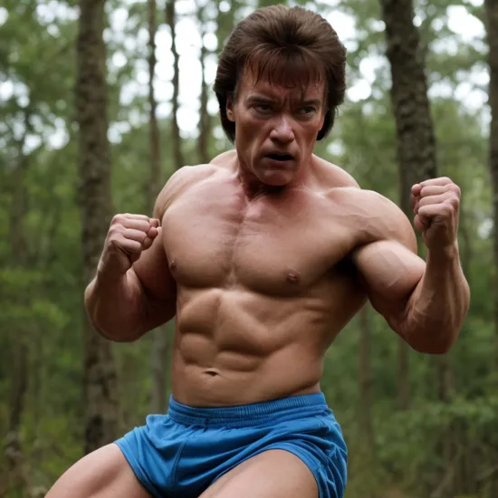 [Bruce Lee from Fist of Fury:Arnold Schwarzenegger from Terminator: 10], full body, aggressive, close up, looking forward,  edge of forest, cinematic shoot, soft blue light