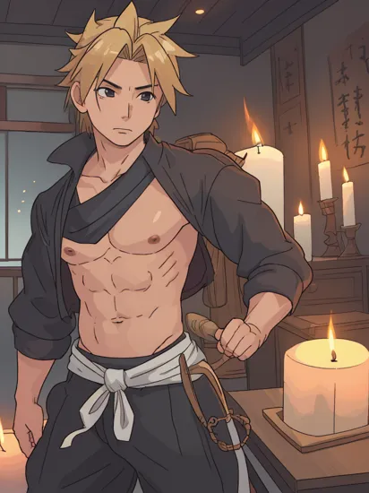 (Ultrarealistic:1.3) 1boy, cloud strife, black fundoshi, shirtless, pecs, thighs, japanese home interior background, candlelight, perfect face, perfect lighting, shiny skin, candles