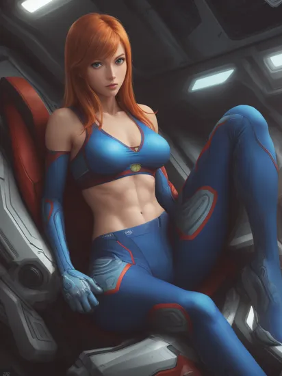 Samus Aran (Metroid), 20yo woman, fit, blue eyes, red hair, blue sport bra, blue spandex trousers,  full body, alluring pose ((very sexy)), spreading legs sitting on a chair on a spaceship deck, (perfect eyes), Canon RF85mm f/1.2,masterpiece,best quality,ultra highres, cinematic lighting, reflections, , HDR, 8k resolution