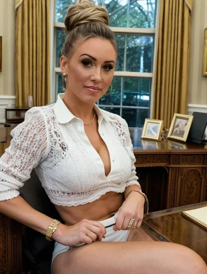 @Laura is the president of the United States. sitting in the oval office at her desk. Her hair is pulled up tight in a bun.