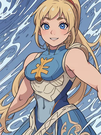 1girl, solo, samus aran, (highly detailed eyes), detailed face, ((round pupils)), intricate details, (blue eyes), (blonde hair), ponytail, looking at viewer, smile, happy, ((portrait)), (((upper body))), ((zero suit)), ((cartoon)), medieval dress, soft lighting, forest, sun, ((muscular female)), ((thick arms)), arms behind back, wassnonam-12800