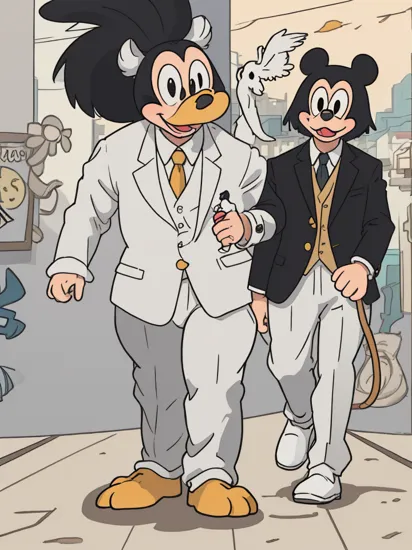 (masterpiece, best quality:1.2), (3d, realistic), 4k,  animal, bird, fat bird, fat white bird, mascot, black eyes, tongue out,  mickey mouse, white suit, walking