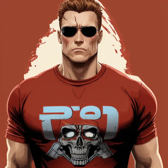 Terminator t-800 on a (red background :1.4)as a t-shirt logo in the style of <MAGIFACTORY> art