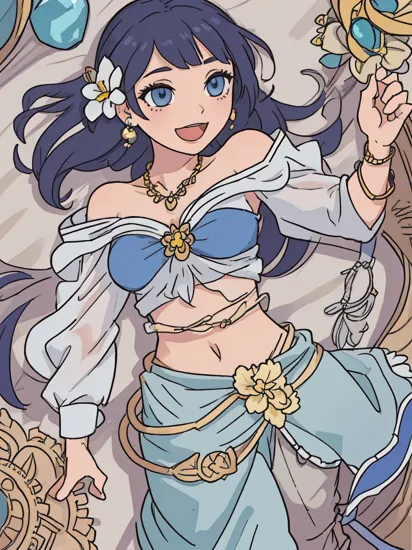 jasmine, 1girl, solo, breasts, smile, open mouth, navel, holding, bare shoulders, jewelry, flower, earrings, midriff, pants, necklace, off shoulder, bracelet, see-through, white flower, gem, off-shoulder shirt, holding flower, multi-tied hair, blue arabian clothes, (masterpiece:1.2), (best quality), colorful,(detailed eyes:1.2), castle, (detailed background),detailed landscape, (rule of third_composition:1.3), (Line of action:1.2) , wariza, from above
