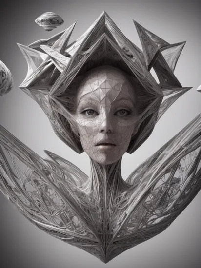 close up photo alien portrait Floating geometric shapes, warped dimensions, mind-bending illusions, haute couture defying laws of physics, Vogue of Escherian Dreams, an ever-shifting, gravity-defying environment filled with impossible architectural marvels.,detailed, ,,in (halsman:1.05) style,