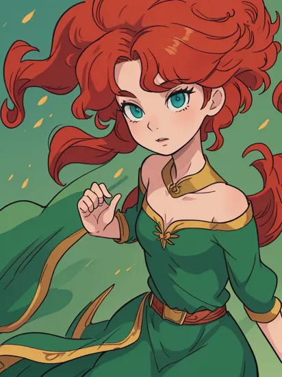 (masterpiece, best quality:1.15), 1girl, solo, (merida:1.1), from disney's brave, emerald and gold, curly red hair, medium breasts, afro, long green dress, blue eyes