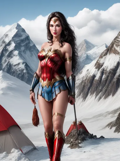 Photo of Wonder Woman standing at the top of Mount Everest, with tents visible in the background. red lips, (tents:1.2)
  (high detailed skin:1.3), (small breast, sfw)

 