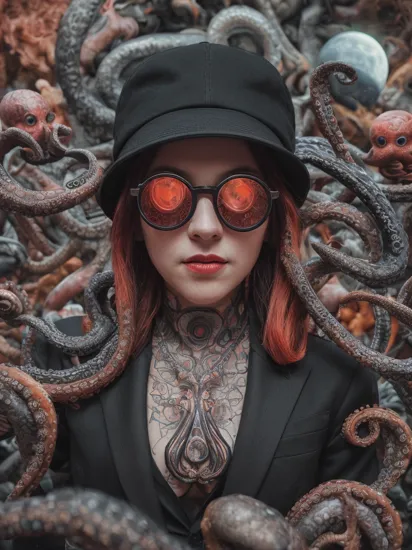 (Professional portrait photography of an evil god_queen wizard:1.2), (brightly lit red spiral glasses, spiralwash eyes:1.2), (wearing a black_tuxedo:1.4), (black_baseball_cap, black_hair:1.2), (octopus, spider:1.3), highly detailed background, (rave, moon_surface:1.1), (hypnotic, eldritch, trippy, surreal:1.1), (best quality, RAW photo, 8k:1.1), (intricate detail, highly detailed, insane detail:1.1), (Neon Light, moon light:1.1), solo, 1girl, sharp focus, (ultra high res, ultra high resolution:1.1), (photo-realistic, ultra-realistic, hyper-realistic:1.1), rule of thirds, macro photography, HDR, award winning, centered, wide angle, straight on view, , ,  [[[I used controlnet and did a lot of inpainting. Don't expect the exact same results with the same seed and prompt.]]]