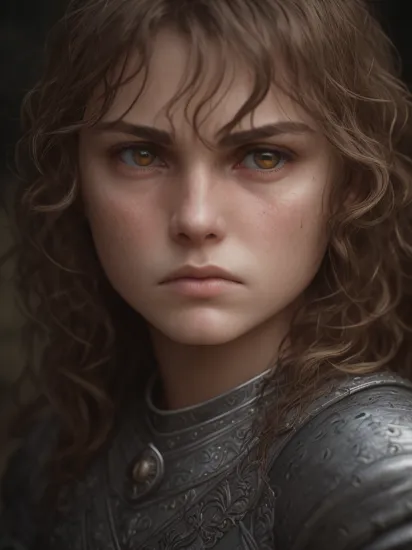 portrait photo of (angry:1.2), Joan of Arc, highly detailed face, depth of field, moody light, atmospheric lighting, highly detailed, (short-wavy hair:1.2), style by Dan Winters, Russell James, Steve McCurry, centered, extremely detailed, Nikon D850, award winning photography