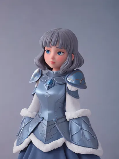 Female Knight wearing Iron Gray Shoulder Armor with Obsidian Sheen and Moonstone Accents , Snow White Cloak with Iridescent Snowflakes: Iridescent snowflakes adorn the cape, glistening with a soft glow., (Velvet Grey,Frisky Blue color background:1.3),<lyco:Adventurers_v20:0.8>