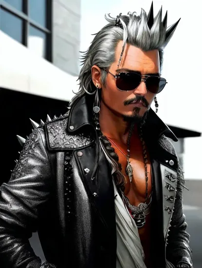 Johnny Depp, Cool demeanor @JohnnyDepp, ((silver spiked hair)), sunglasses, ((black trench coat)), casual pose, monochromatic theme with splashes of white, chain accessory, wind-swept look, stylized graphic, anime aesthetic, sharp jawline, subtle smirk, effortless style, dynamic contrast, minimalistic yet striking, urban backdrop suggestion, mysterious vibe, modern rogue look.