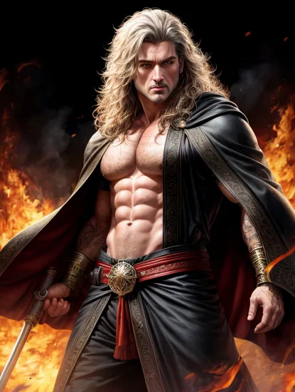 UHD, 164k, highly detailed face, anime demooon middle age man with dark robe, full body panned out view, masterpiece, hyperdetailed full body, hyperdetailed masculine face and nose, complete body view, ((hyperdetailed eyes)), perfect body, perfect anatomy, beautifully detailed face, white long hair, red eyes, pale white skin, standed on hellll background surrounded by flames, illustration, hyperrealistic