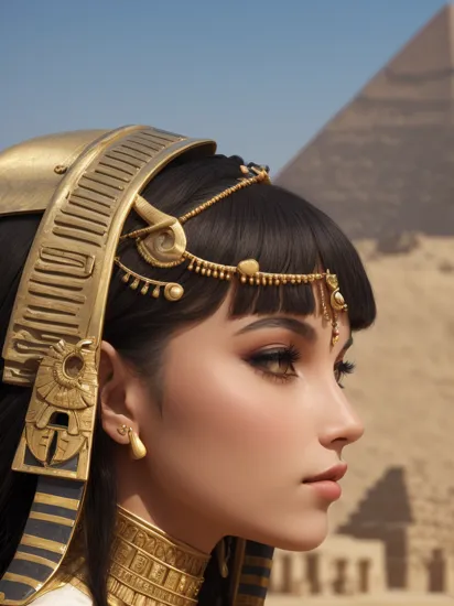 perfect cinematic close shot of cleopatra queen half face against the backdrop of the Egyptian pyramids