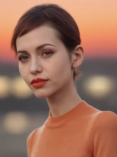 CamilleYolaine, (closeup on face:1.3), Paris street, street fashion, street photography, black slacks, bold scarf. razored combover bob haircut, ((red lipstick)), ((slim, fit, lanky, coltish:1.5)), orange cashmere sweater, luxury, looking at viewer, Hasselblad H6D, 80mm portrait, natural lighting, oiled skin, perfect eye blush, slightly open mouth, long eye lashes, , , ((dawn, daybreak, orange sky backdrop:1.3)), detailed skin texture, (blush:0.5), (goosebumps:0.5), subsurface scattering, RAW candid cinema, 16mm, color graded portra 400 film, remarkable color, ultra realistic, textured skin, remarkable detailed pupils, realistic dull skin noise, visible skin detail, skin fuzz, dry skin, shot with cinematic camera