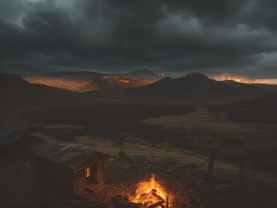 RAW photo,postapocalyptic setting,(windy),autumn,storm sky, detailed realistic storm clouds,(old wooden hut,(burning fireplace:1.1) :1.1),lake, masterpiece, award winning photography, natural spooky light, perfect composition, high detail,  (composition centering, conceptual photography),( view from mountaintop:1.1),realistic, detailed,  (Dark Theme:1.2), detailed, realistic, high quality, (intricate mounain landscape:1.1), photography, epic landscape, 8k,Realistic, realism, hd, 35mm photograph, 8k   