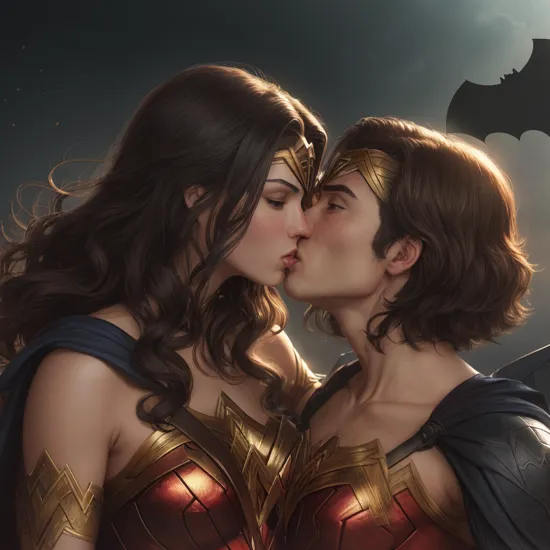 Wonder woman kissing Batman, art by Masamune Shirow,, OverallDetail, high quality, high resolution, beautiful, masterpiece, 8k, ultra detailed, cinematic lighting, photorealistic, realistic lights and shadows, perfect anatomy, perfect proportions