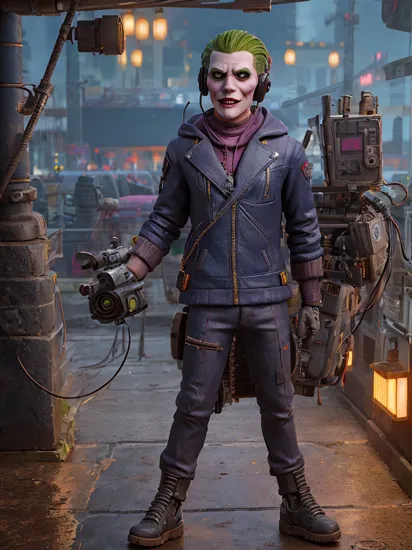in the style of Dan Mumford, Cyberpunk Style, 1man, The Joker helmet,  full body shot, half robotic face, cyberpunk clothing, metal cyberpunk gear,   male focus, transparent cyberpunk  background, robot, science fiction, solo, full body, wires and cables,   
