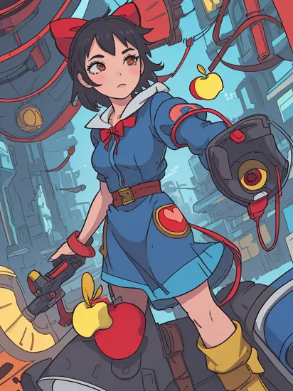 snow white from disney, 3d style, brown eyes, short hair, black hair, red bow on the head, mechanical arms, blue and yellow dress, cyberpunk style, cyberpunk clothing, cyberpunk forest, neon light on the background, holding an apple, red apple, loose hair, beautiful fingers