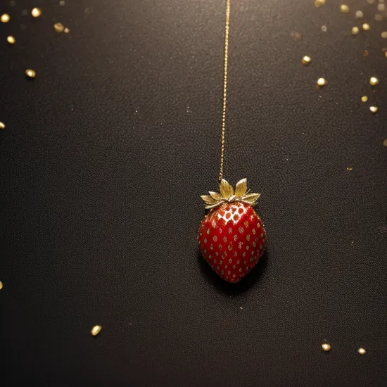 a single gigantic strawberry pendant made of gemstones and gold, gold seeds, pond background, bokeh, depth of field, narrow focus, blurred background, translucent, transparent, perfect, symmetrical, black background, refractions, astrophotography, night, silver necklace